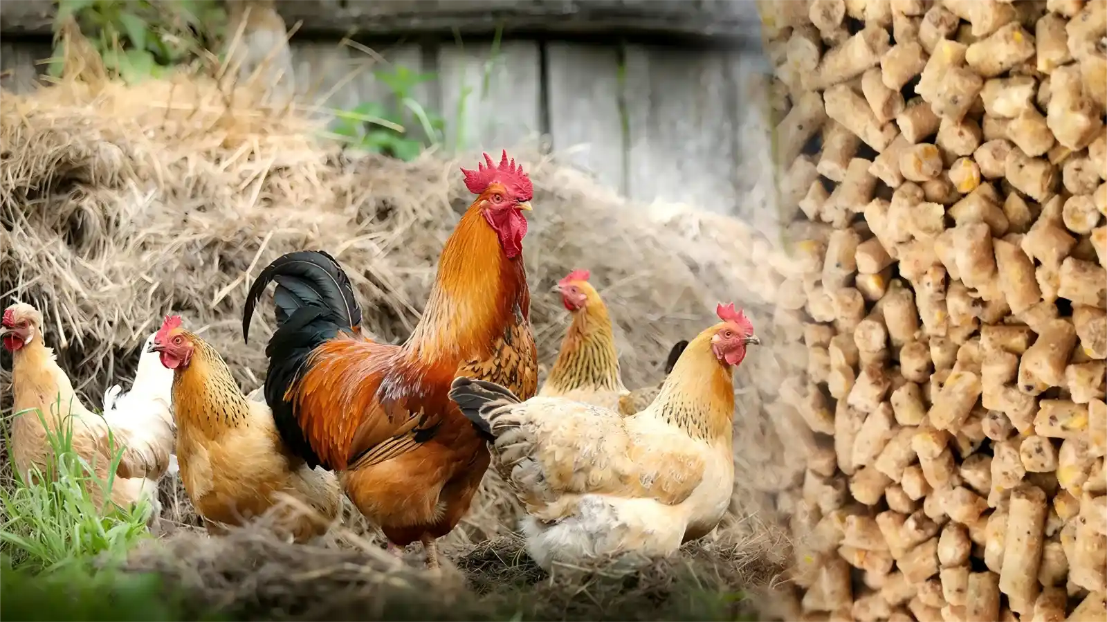 chickens on the left and chicken feed pellets on the right