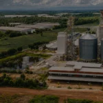 Aerial view of complete livestock feed pellet production line plant with silos for animal feed manufacturing