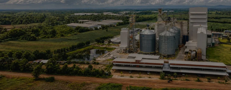 Aerial view of complete livestock feed pellet production line plant with silos for animal feed manufacturing